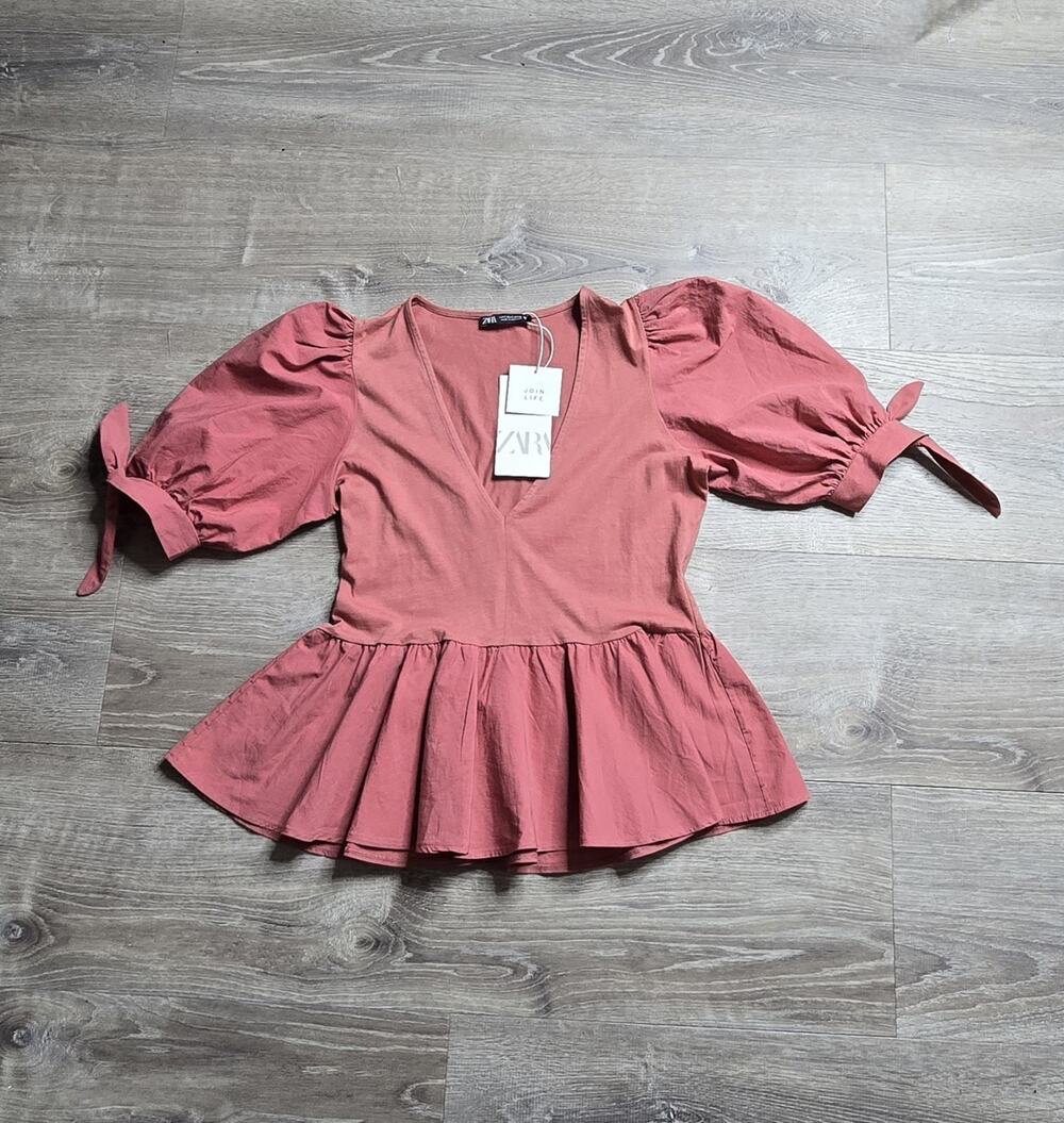 Zara Women’s Rust Pink Peplum Blouse Puff Sleeve Tie Cuffs Size S NWT